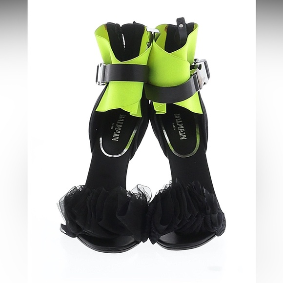 Balmain Runway Heels Size 38 Neon Strap Black Tulle Ruffle Sandals - Picture 11 of 14